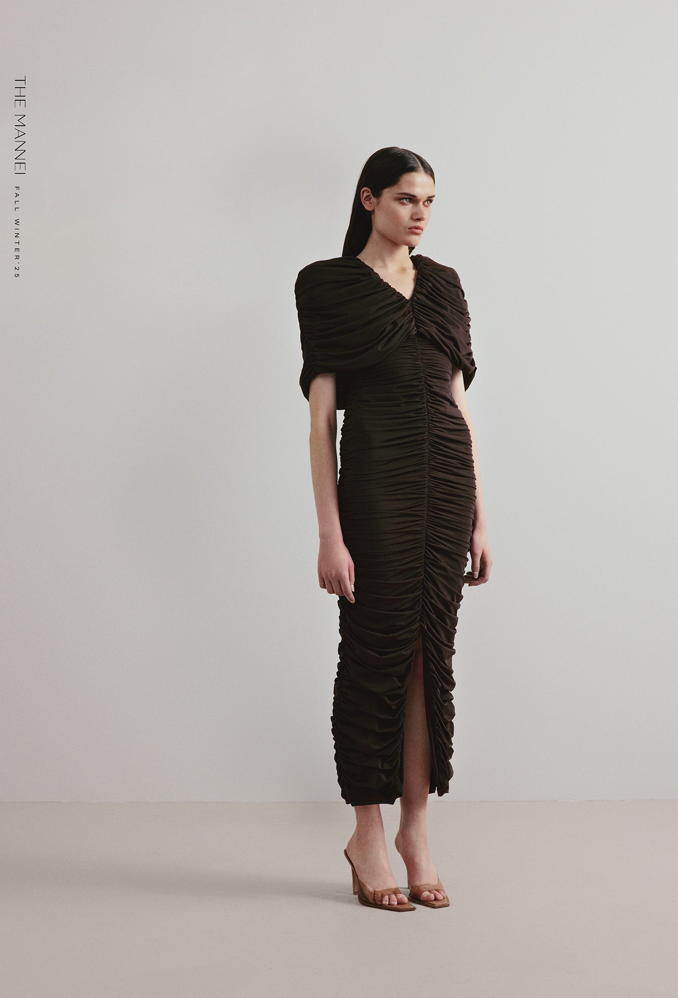 BLACK DRAPED MIDI DRESS